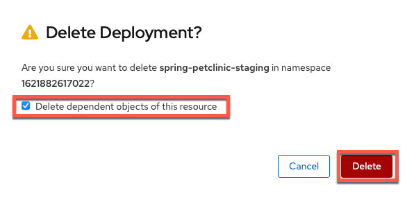 Confirm Delete of Spring PetClinic Staging Deployment
