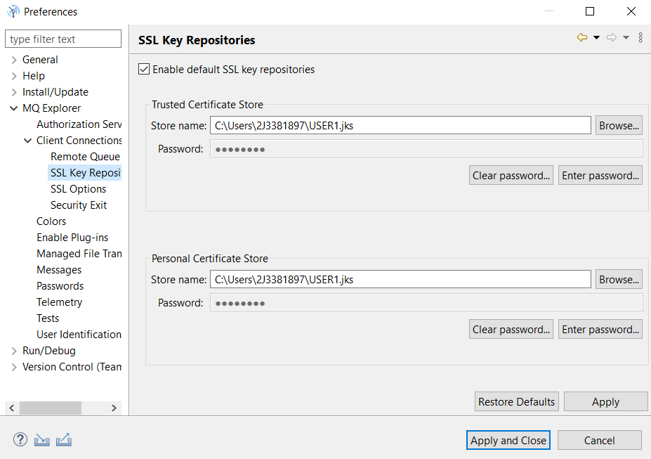 Picture of MQ explorer SSL key store preferences