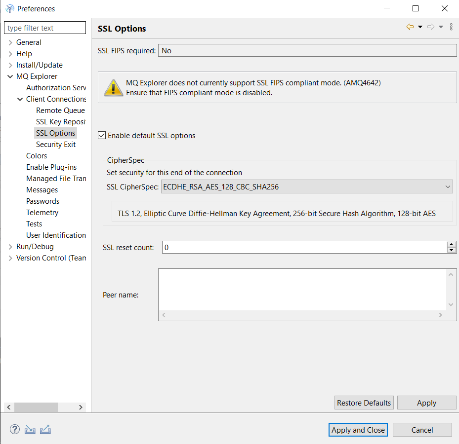 Picture of MQ explorer SSL CipherSpec settings