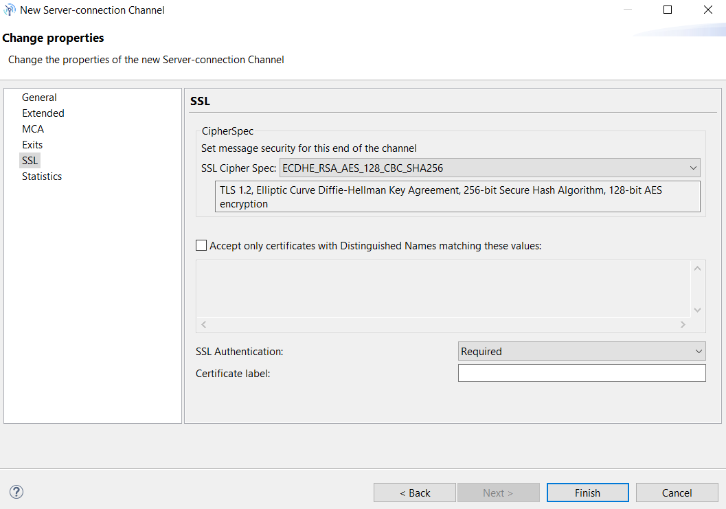 Picture of MQ explorer SSL CipherSpec settings