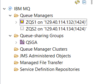 Picture of MQ Explorer active queue managers